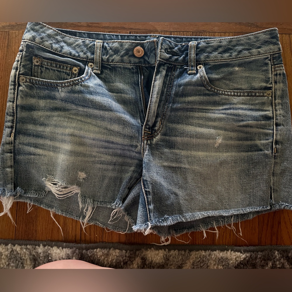 American Eagle Midi rise distressed denim shorts